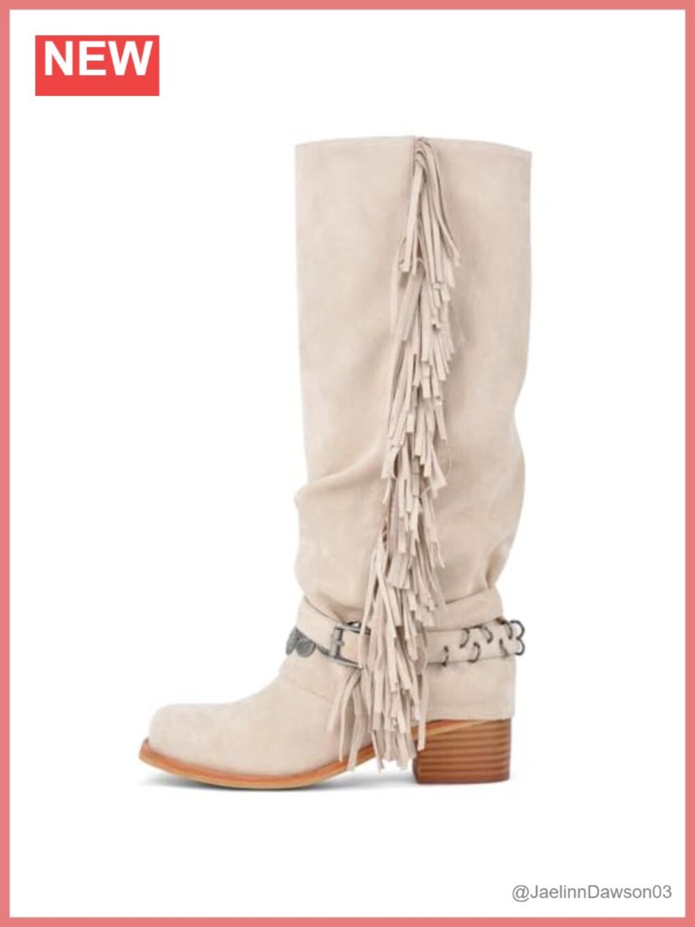 Knee High Boots Suede Square Toe Chunky Heel Fringe Moto Riding Boot
